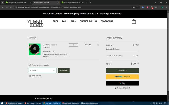 Vinyl Flat checkout page showing Vinyl Flat promo code box | Screenshot taken by SimplyCodes community member on Jun 8, 2025