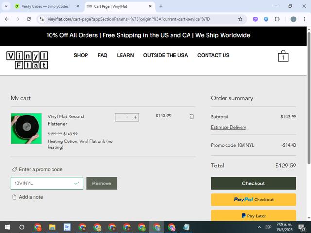 Vinyl Flat checkout page showing Vinyl Flat promo code box | Screenshot taken by SimplyCodes community member on Jun 15, 2025