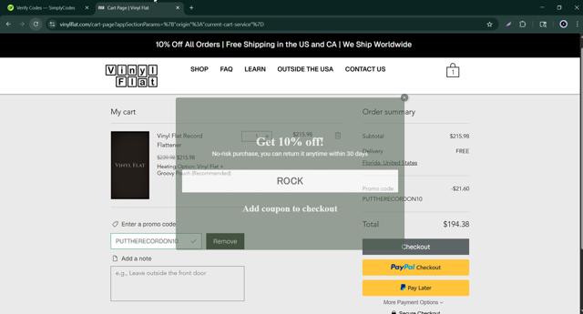 Vinyl Flat checkout page showing Vinyl Flat promo code box | Screenshot taken by SimplyCodes community member on Jun 8, 2025