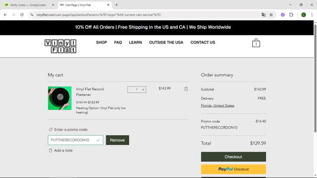 Vinyl Flat checkout page showing Vinyl Flat promo code box | Screenshot taken by SimplyCodes community member on Jun 6, 2025