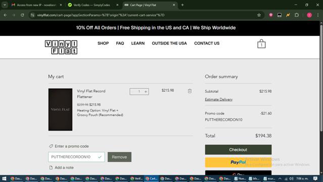 Vinyl Flat checkout page showing Vinyl Flat promo code box | Screenshot taken by SimplyCodes community member on Jun 15, 2025