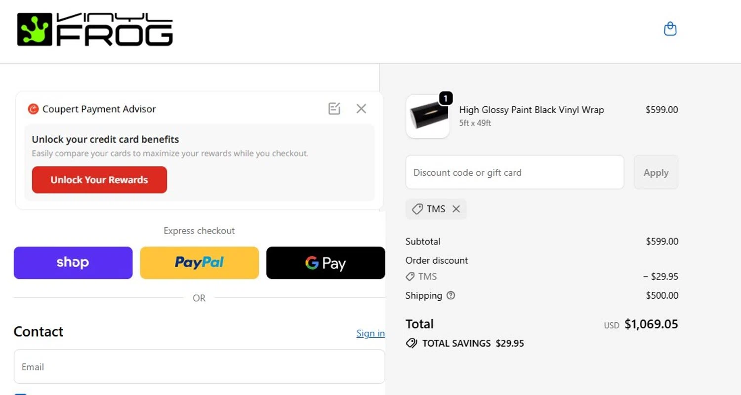 Vinyl Frog promo code screenshot showing code TMS applied at Vinyl Frog checkout page. Uploaded by SimplyCodes community member Honoriocolmenarez on Jan 11, 2026