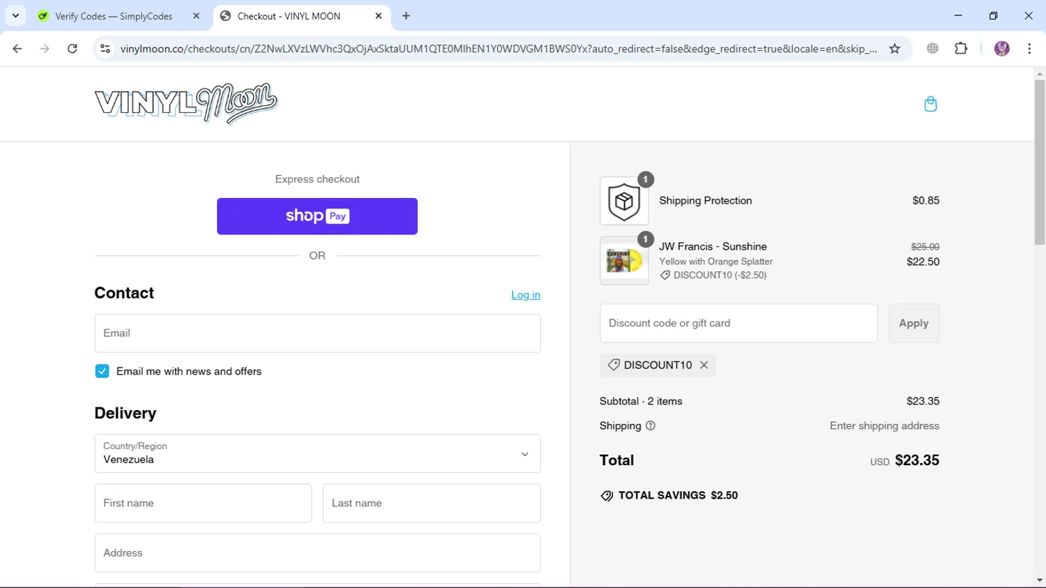 Vinyl Moon checkout page showing Vinyl Moon discount code box | Screenshot taken by SimplyCodes community member on Feb 13, 2025