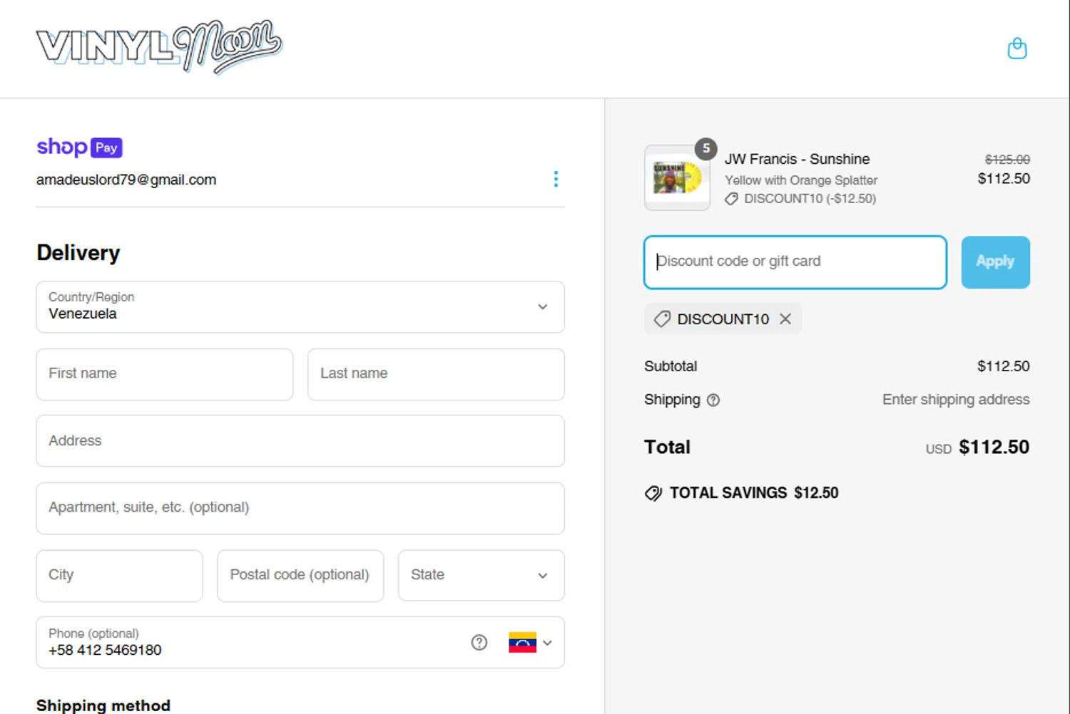 Vinyl Moon checkout page showing Vinyl Moon discount code box | Screenshot taken by SimplyCodes community member on Mar 26, 2025