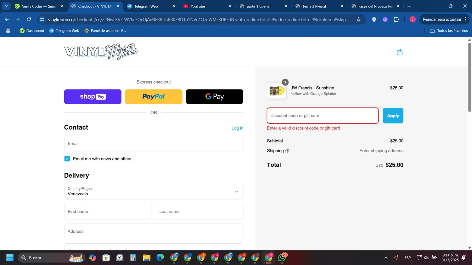 Vinyl Moon discount code screenshot showing code DISCOUNT10 applied at Vinyl Moon checkout page. Uploaded by SimplyCodes community member Tryhard on Apr 1, 2025
