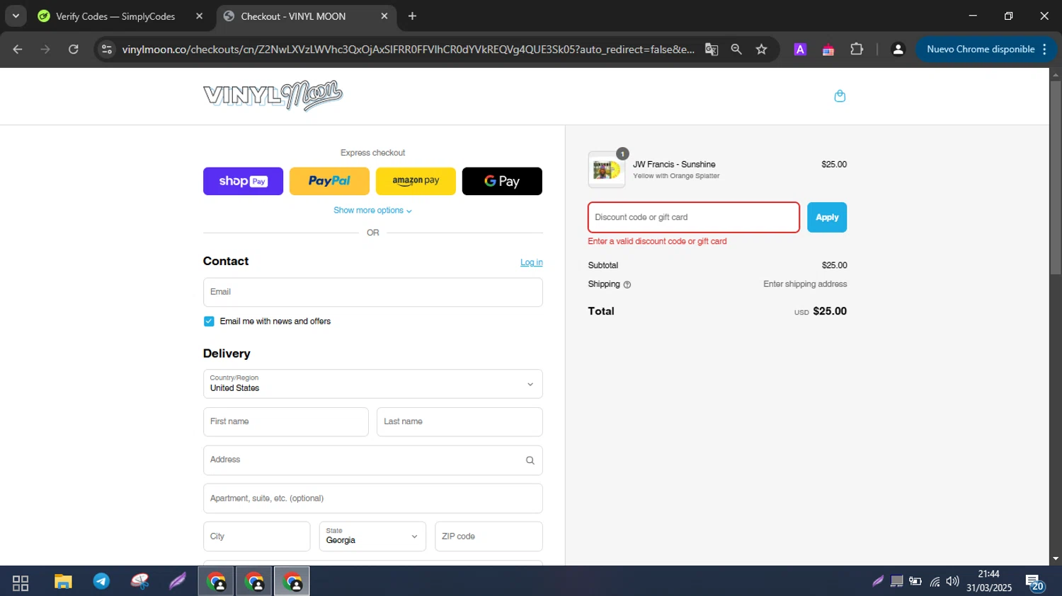 Vinyl Moon discount code screenshot showing code DISCOUNT10 applied at Vinyl Moon checkout page. Uploaded by SimplyCodes community member carlstrike on Apr 1, 2025