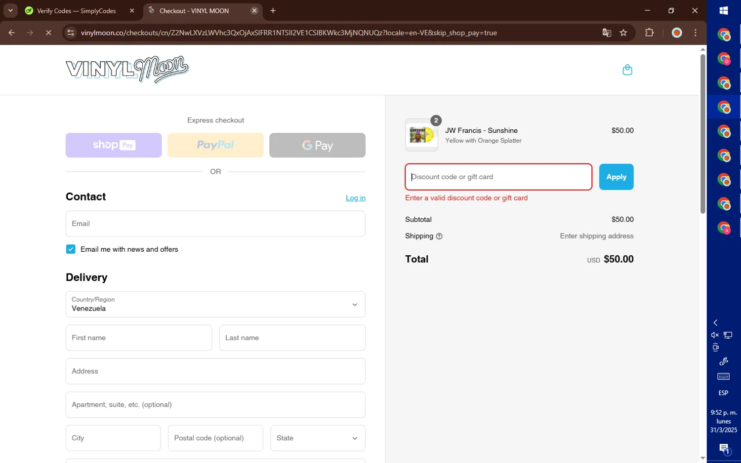 Vinyl Moon discount code screenshot showing code DISCOUNT10 applied at Vinyl Moon checkout page. Uploaded by SimplyCodes community member DealElite4728 on Apr 1, 2025