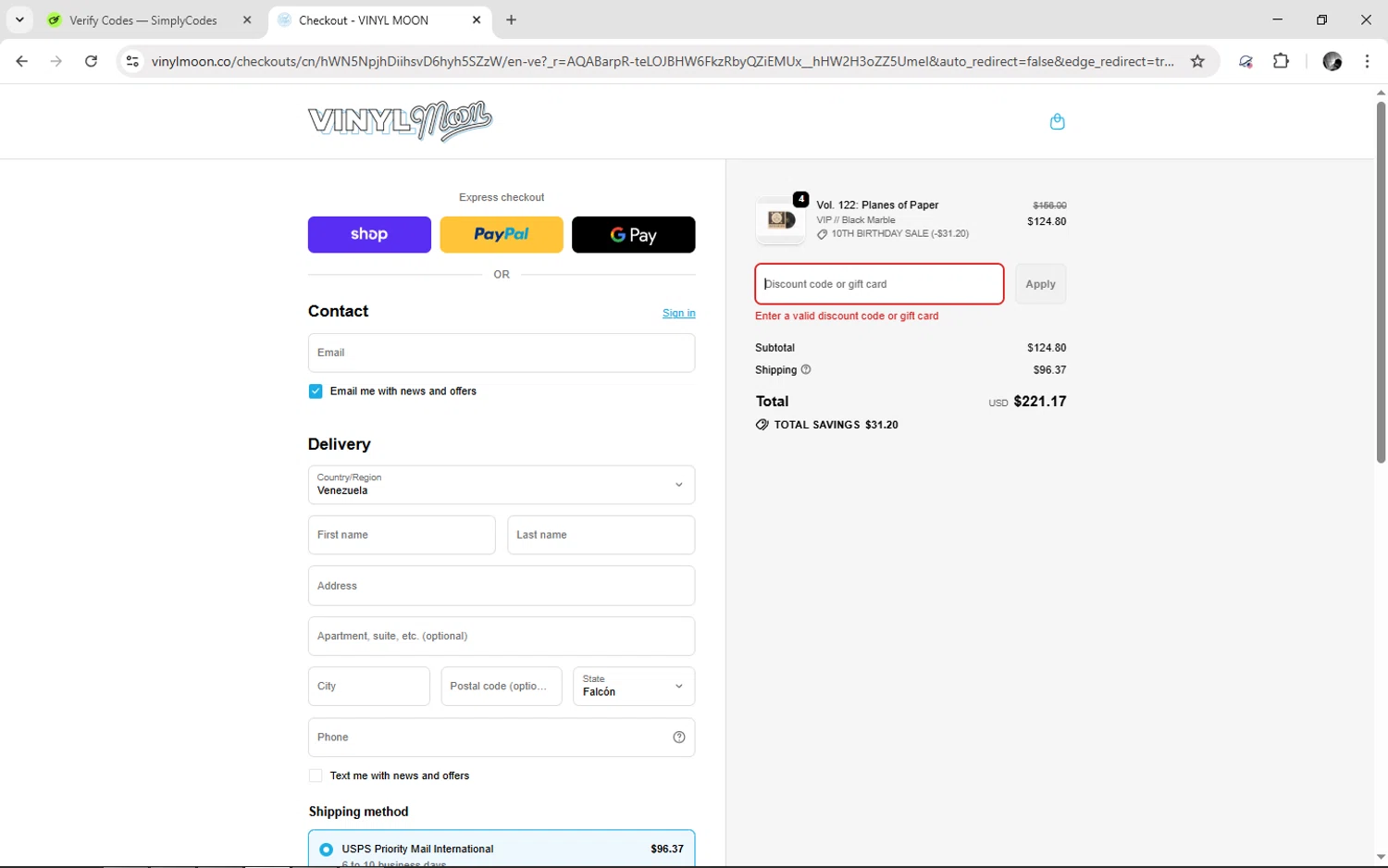 Vinyl Moon discount code screenshot showing code BIRTHDAY applied at Vinyl Moon checkout page. Uploaded by SimplyCodes community member TUNGTUNG on Nov 17, 2025