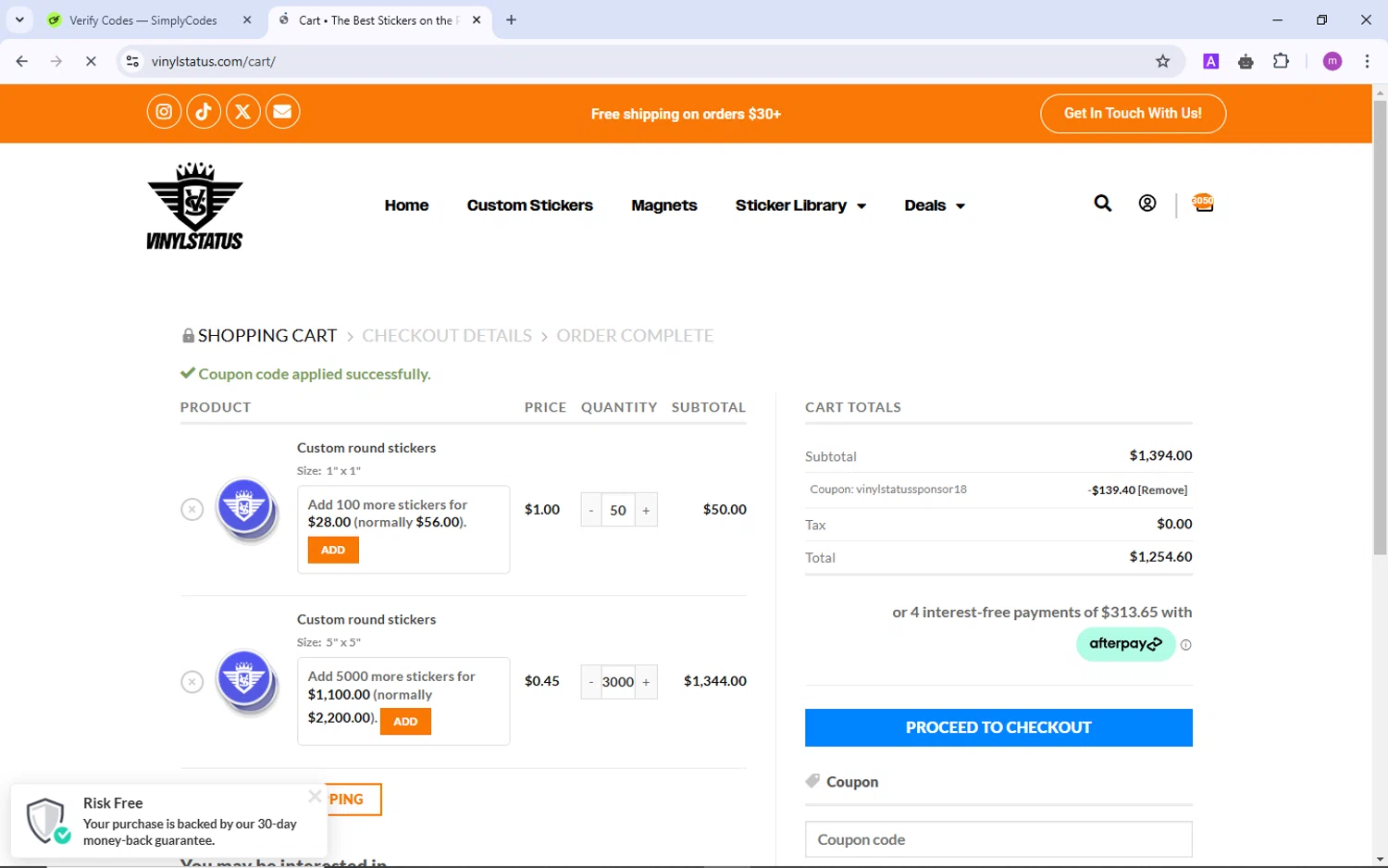 Vinyl Status promo code screenshot showing code VINYLSTATUSSPONSOR18 applied at Vinyl Status checkout page. Uploaded by SimplyCodes community member TokenChaser4876 on Jan 4, 2025