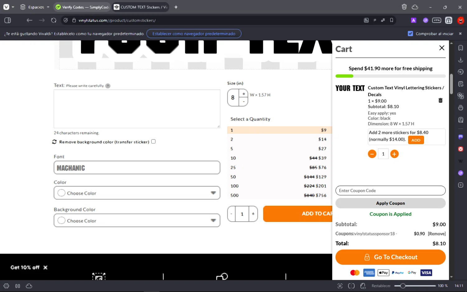 Vinyl Status promo code screenshot showing code VINYLSTATUSSPONSOR18 applied at Vinyl Status checkout page. Uploaded by SimplyCodes community member fuguettt on Jul 23, 2025