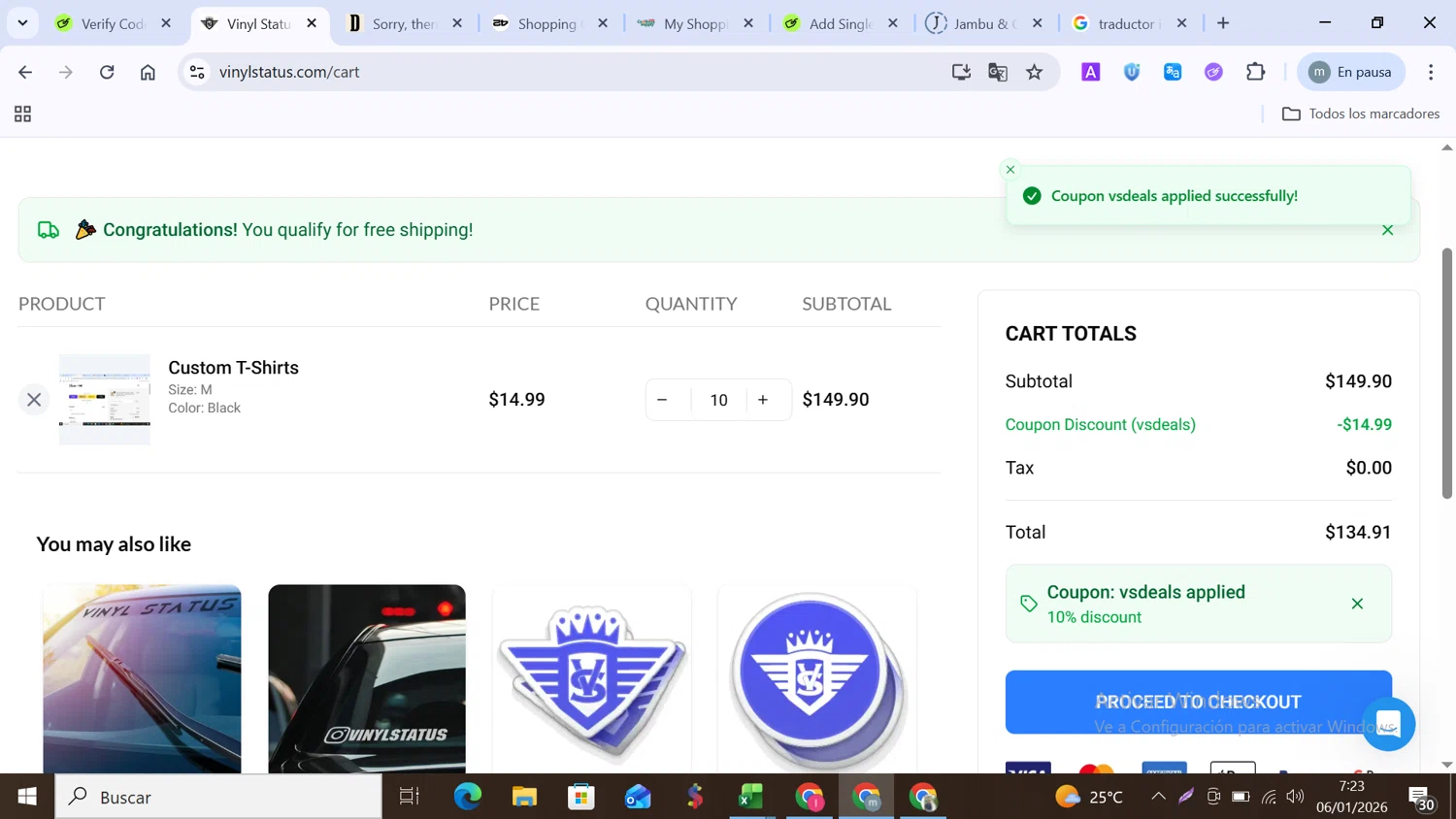 Vinyl Status promo code screenshot showing code VSDEALS applied at Vinyl Status checkout page. Uploaded by SimplyCodes community member MANUELURBINA on Jan 6, 2026