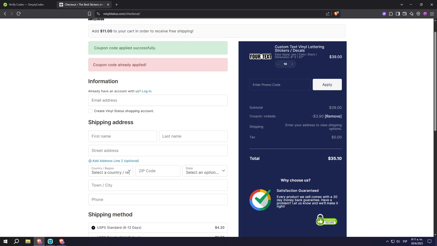 Vinyl Status promo code screenshot showing code VSDEALS applied at Vinyl Status checkout page. Uploaded by SimplyCodes community member Machi005 on Jun 20, 2025