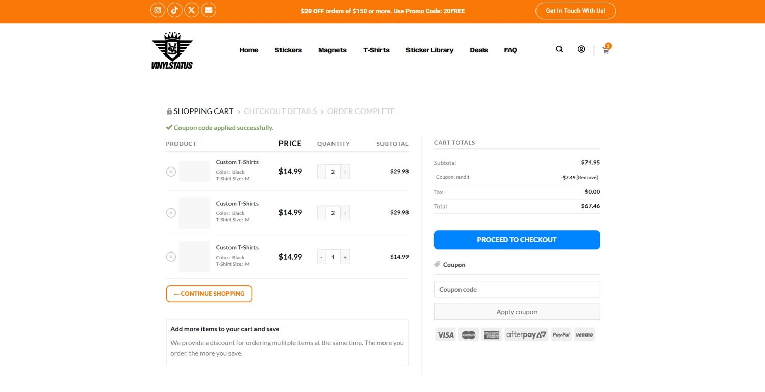 Vinyl Status promo code screenshot showing code SENDIT applied at Vinyl Status checkout page. Uploaded by SimplyCodes community member WonderGuardian4443 on Jul 18, 2025