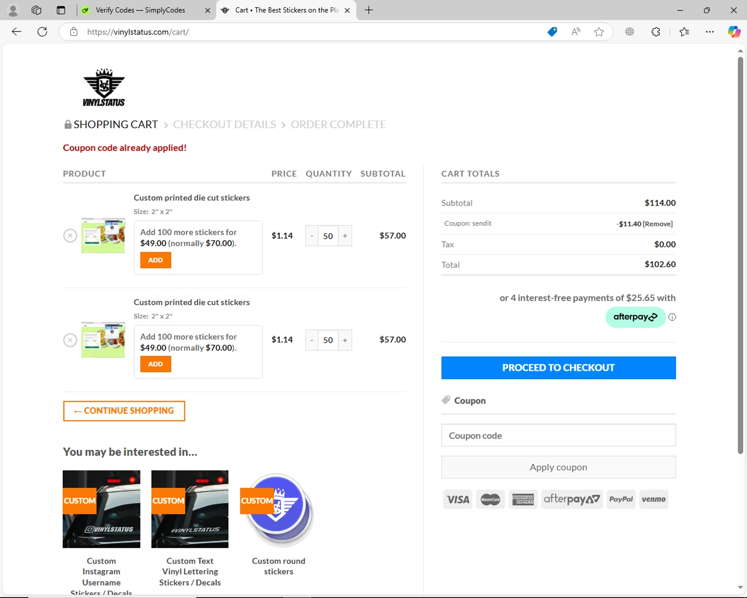 Vinyl Status promo code screenshot showing code SENDIT applied at Vinyl Status checkout page. Uploaded by SimplyCodes community member jhoanDepp on Dec 30, 2024