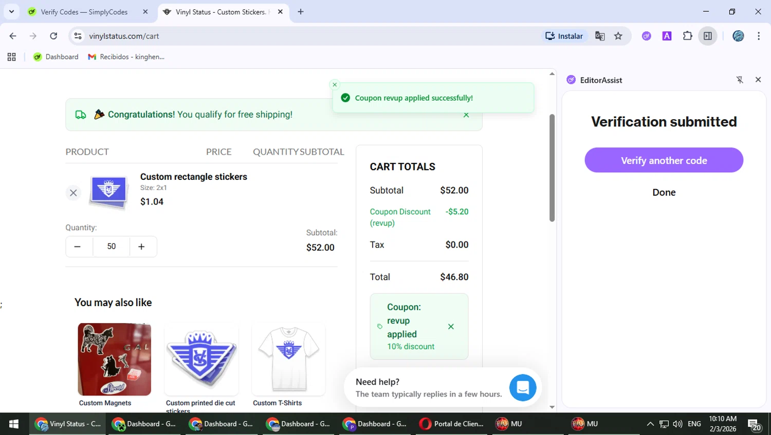 Vinyl Status checkout page showing Vinyl Status promo code box | Screenshot taken by SimplyCodes community member on Feb 3, 2026