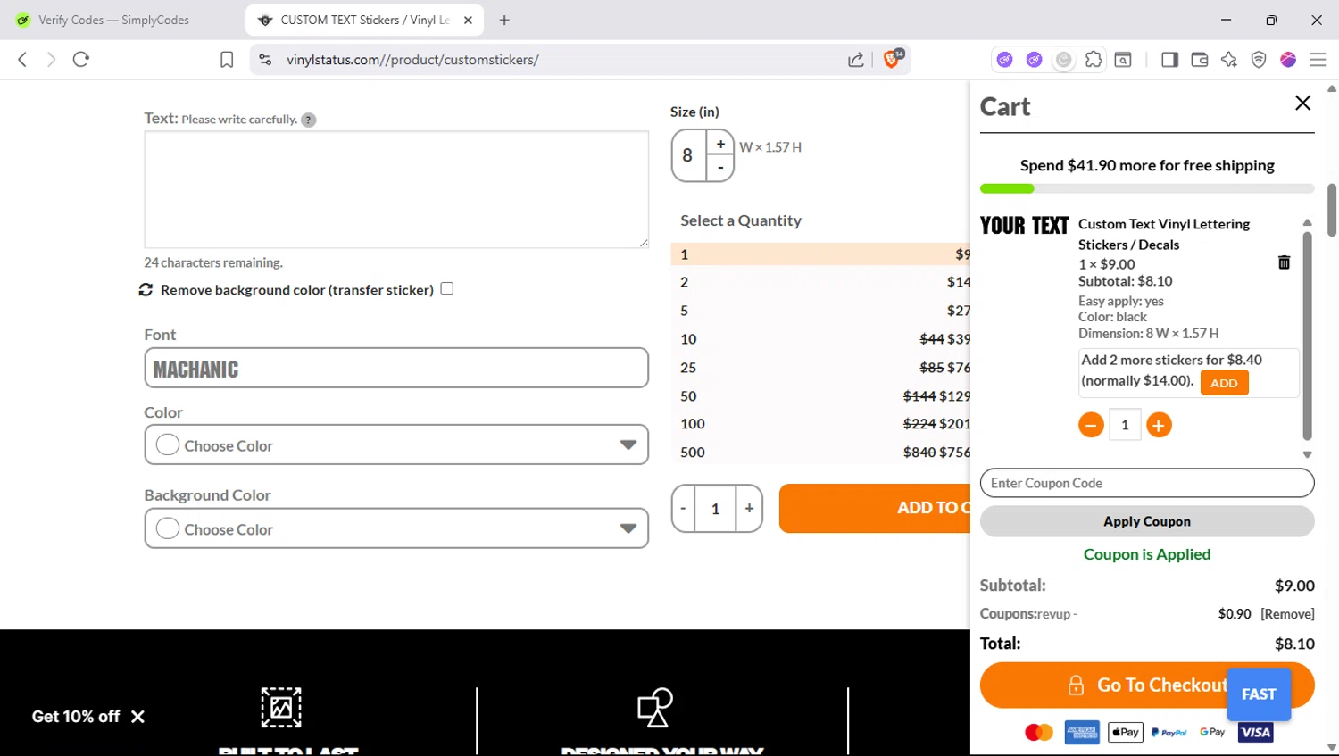 Vinyl Status promo code screenshot showing code REVUP applied at Vinyl Status checkout page. Uploaded by SimplyCodes community member SapeGato on Jul 18, 2025