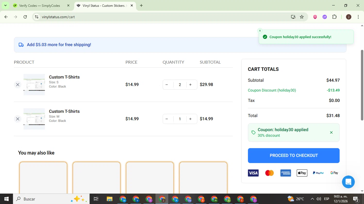 Vinyl Status checkout page showing Vinyl Status promo code box | Screenshot taken by SimplyCodes community member on Jan 12, 2026