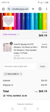 WELCOME10 coupon verification screenshot