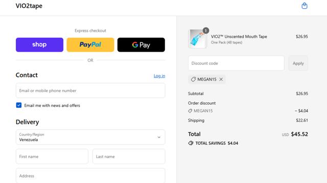VIO2tape checkout page showing VIO2tape promo code box | Screenshot taken by SimplyCodes community member on Sep 7, 2025