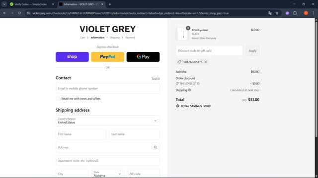 Violet Grey checkout page showing Violet Grey promo code box | Screenshot taken by SimplyCodes community member on Aug 29, 2025