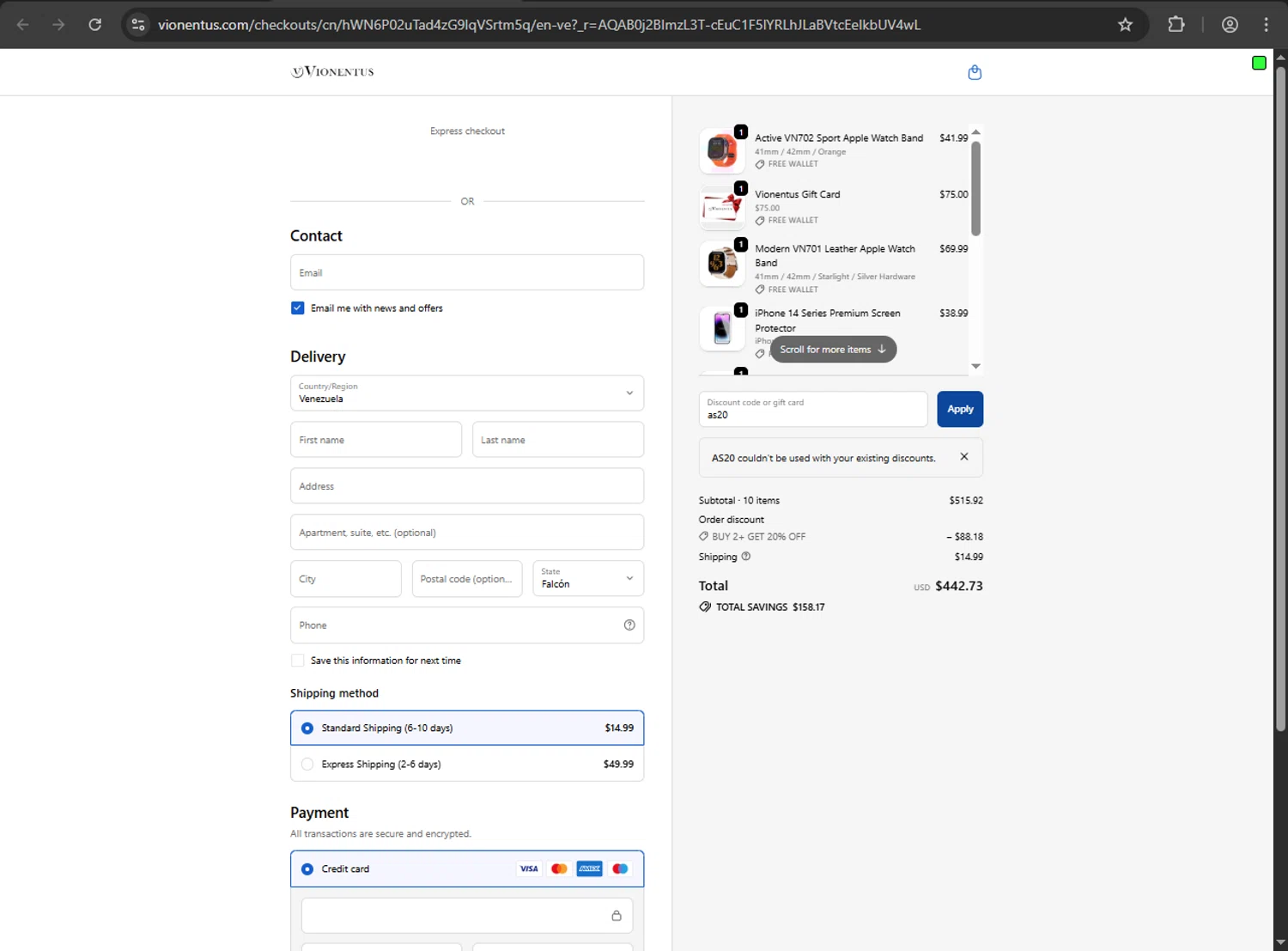 Vionentus promo code screenshot showing code as20 applied at Vionentus checkout page. Uploaded by SimplyCodes community member Jeremi on Dec 14, 2025
