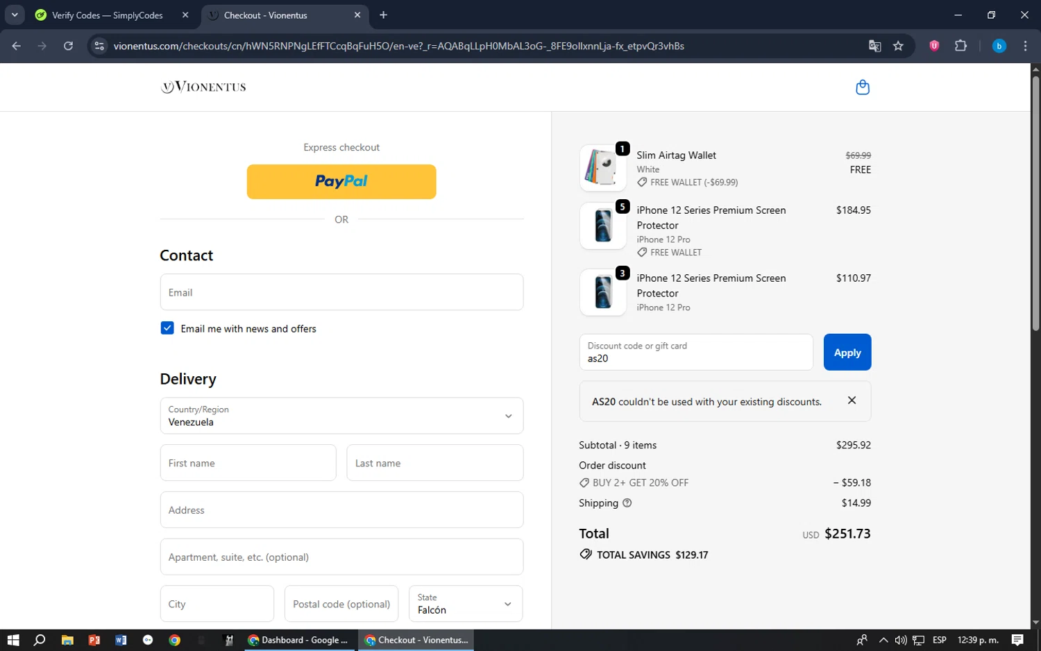 Vionentus promo code screenshot showing code as20 applied at Vionentus checkout page. Uploaded by SimplyCodes community member bilijr on Nov 18, 2025