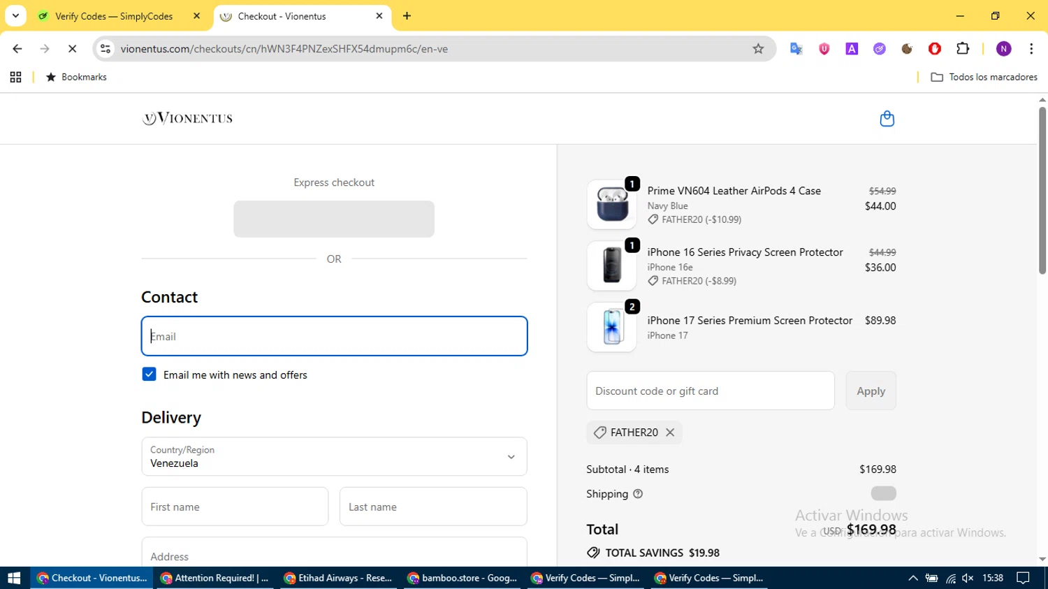Vionentus promo code screenshot showing code FATHER20 applied at Vionentus checkout page. Uploaded by SimplyCodes community member CleverCurator2158 on Sep 21, 2025
