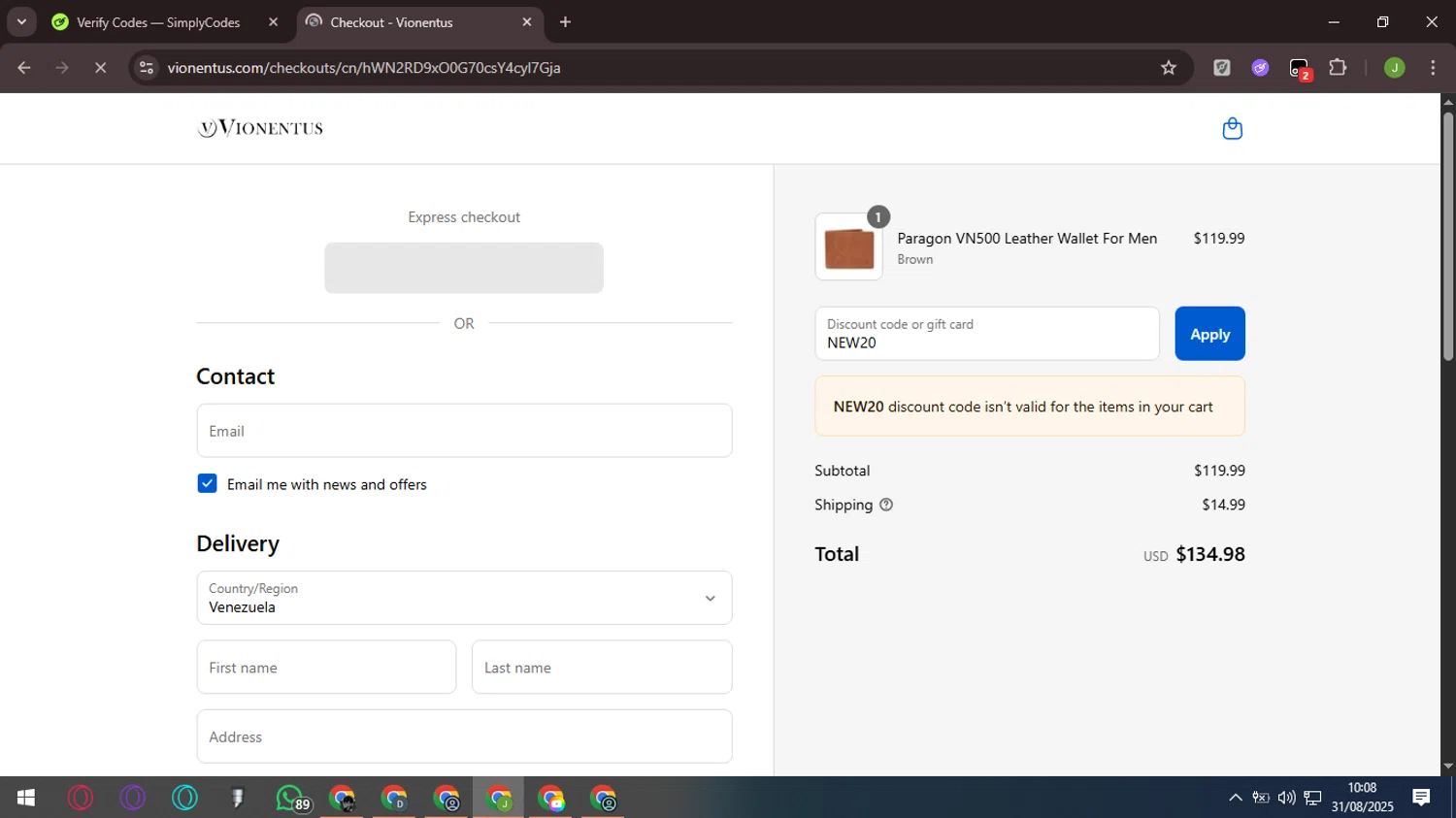 Vionentus promo code screenshot showing code NEW20 applied at Vionentus checkout page. Uploaded by SimplyCodes community member QueTeImporta on Aug 31, 2025