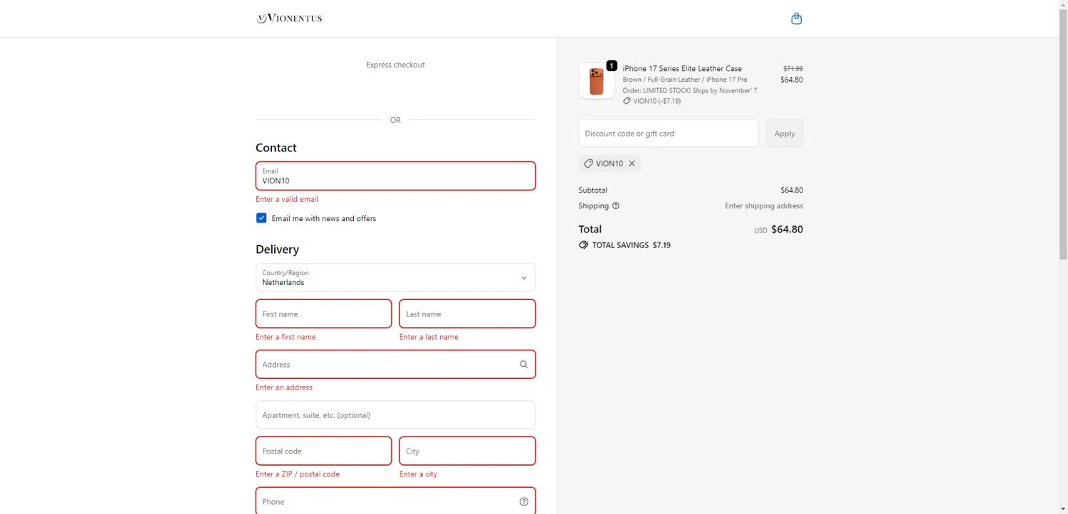 Vionentus promo code screenshot showing code VION10 applied at Vionentus checkout page. Uploaded by SimplyCodes community member SwiftCurator4059 on Oct 18, 2025