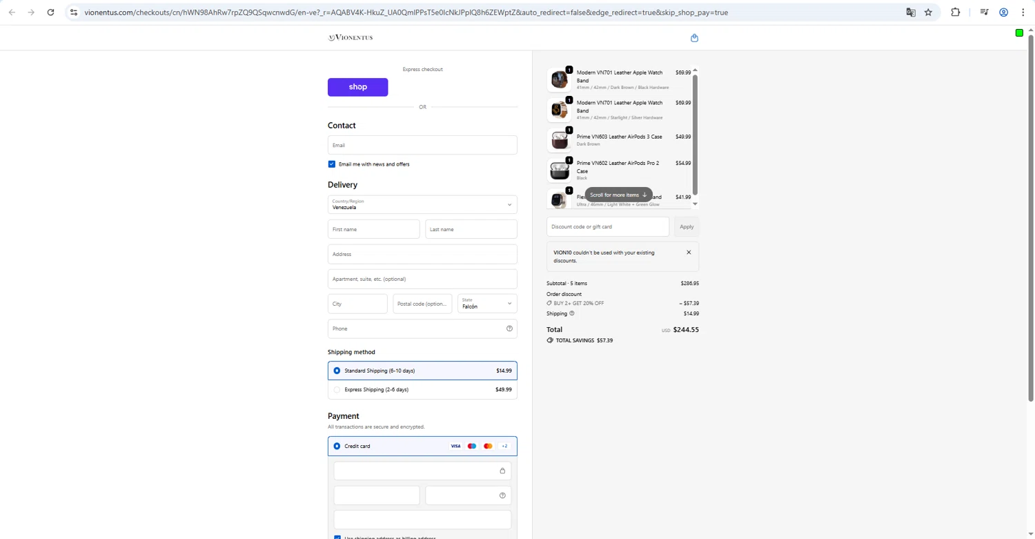 Vionentus checkout page showing Vionentus promo code box | Screenshot taken by SimplyCodes community member on Feb 23, 2026