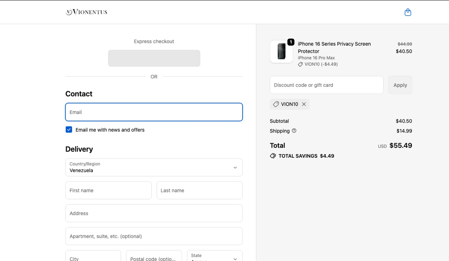 Vionentus promo code screenshot showing code VION10 applied at Vionentus checkout page. Uploaded by SimplyCodes community member ELOIN777 on Oct 18, 2025