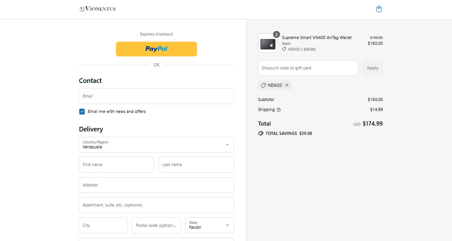 Vionentus promo code screenshot showing code NEW20 applied at Vionentus checkout page. Uploaded by SimplyCodes community member ylenisjordan on Jul 7, 2025