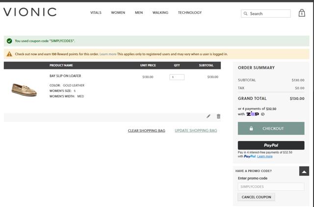 Vionic Shoes checkout page showing Vionic Shoes coupon code box | Screenshot taken by SimplyCodes community member on Mar 17, 2025