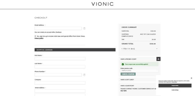 Vionic Shoes checkout page showing Vionic Shoes coupon code box | Screenshot taken by SimplyCodes community member on Oct 26, 2024