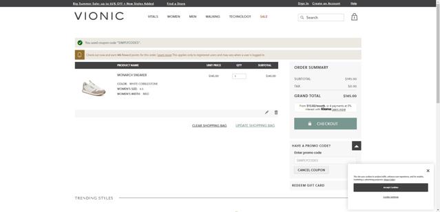 Vionic Shoes checkout page showing Vionic Shoes coupon code box | Screenshot taken by SimplyCodes community member on Jul 16, 2025