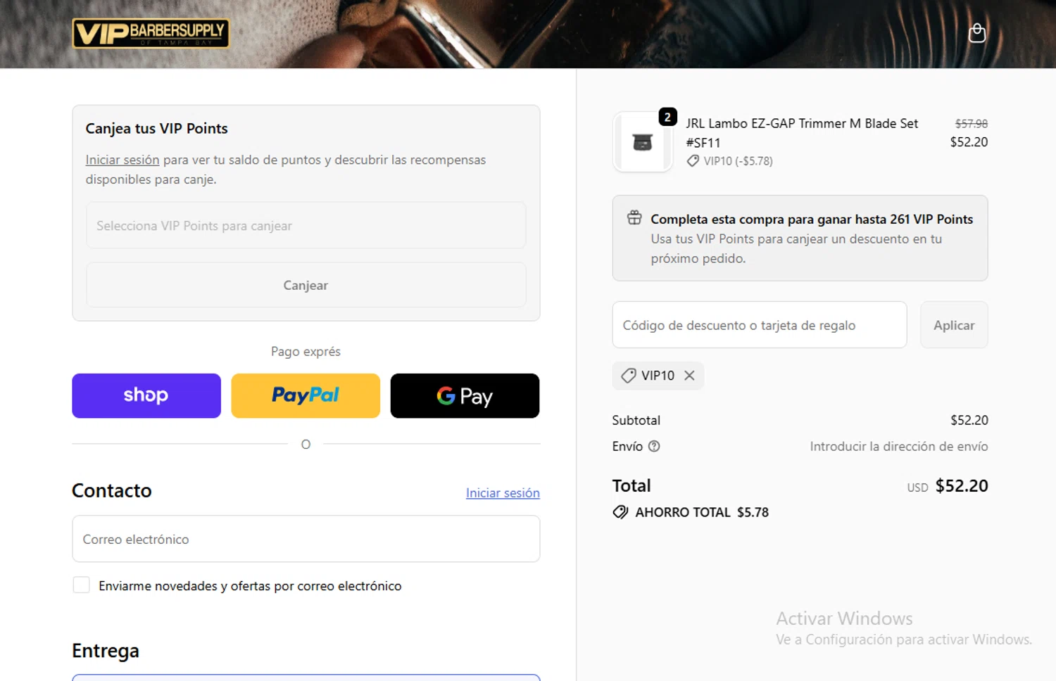 VIP Barber Supply discount code screenshot showing code vip10 applied at VIP Barber Supply checkout page. Uploaded by SimplyCodes community member Gary_23 on Dec 16, 2025