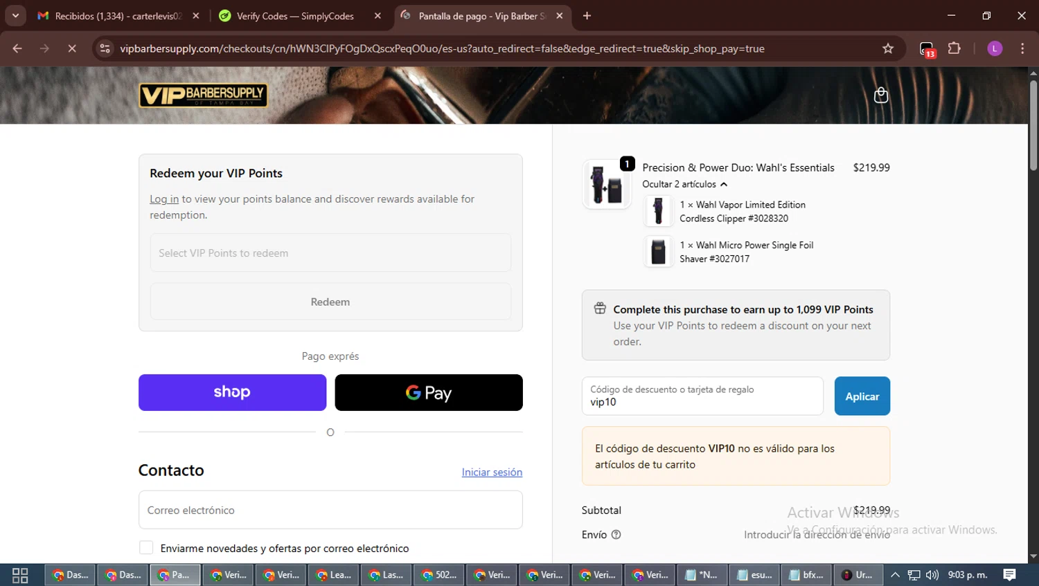 VIP Barber Supply discount code screenshot showing code vip10 applied at VIP Barber Supply checkout page. Uploaded by SimplyCodes community member RewardScout5160 on Sep 20, 2025
