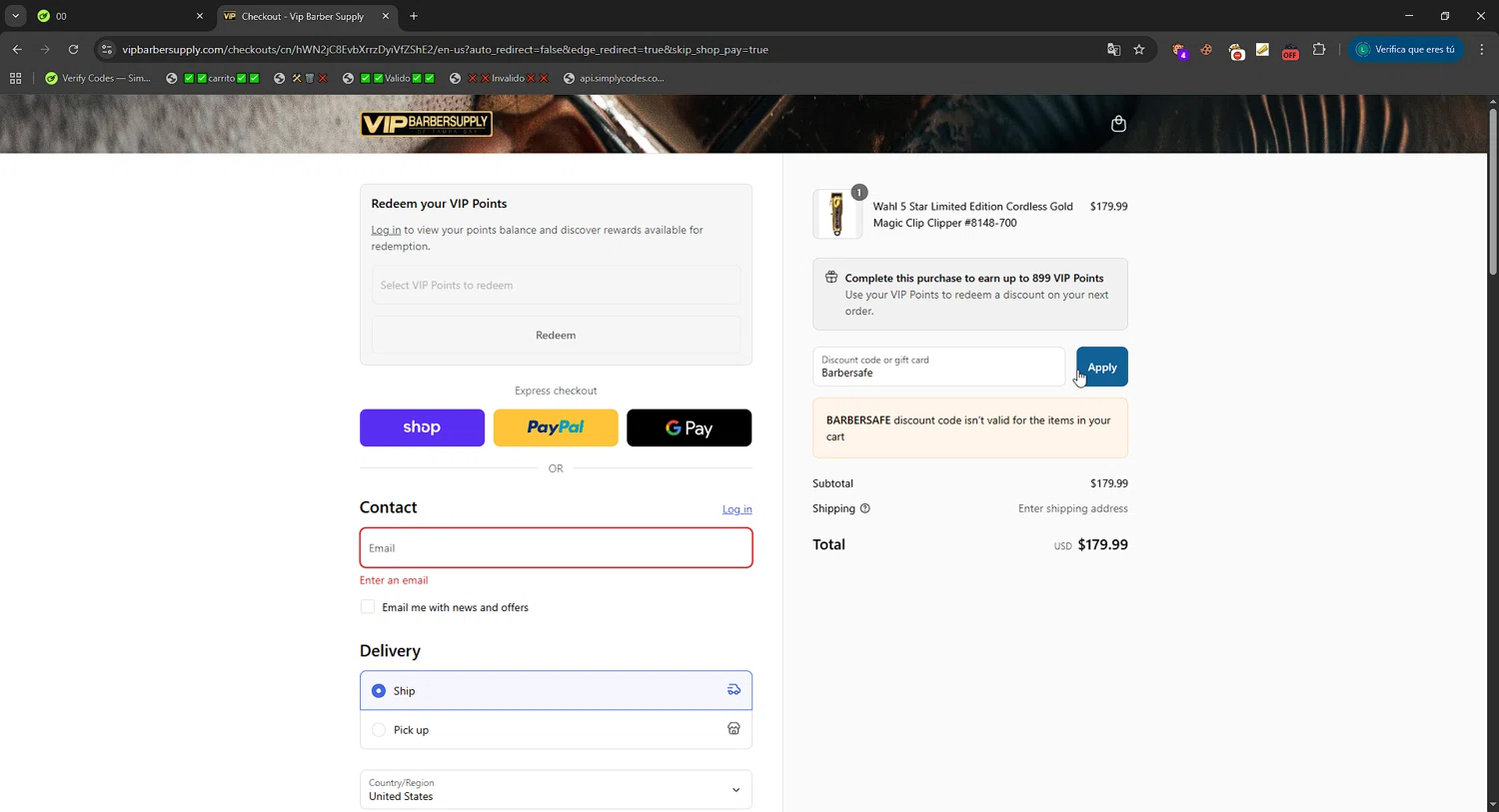 VIP Barber Supply discount code screenshot showing code Barbersafe applied at VIP Barber Supply checkout page. Uploaded by SimplyCodes community member CrownBoss2710 on Sep 8, 2025