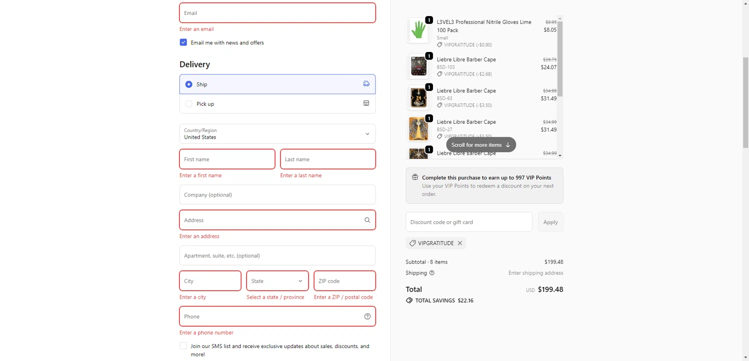 VIP Barber Supply checkout page showing VIP Barber Supply discount code box | Screenshot taken by SimplyCodes community member on Feb 9, 2026