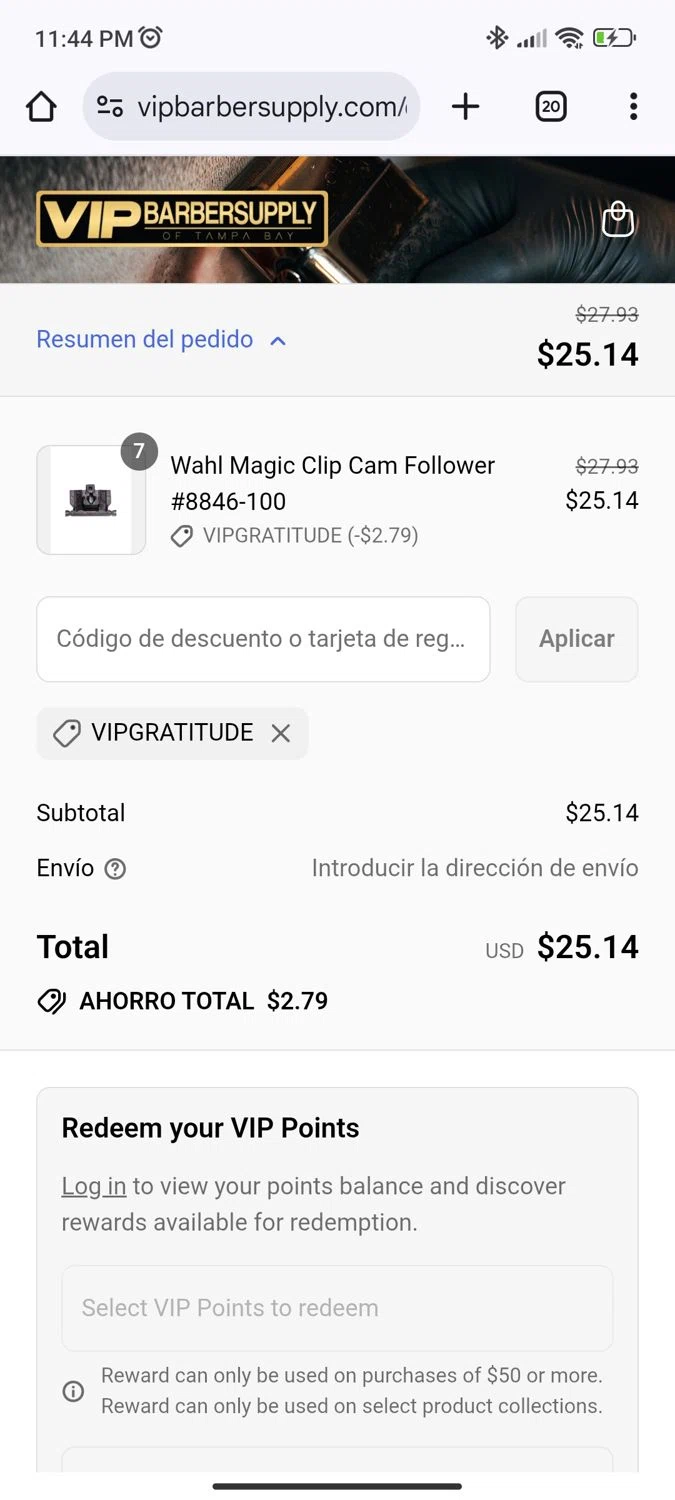 VIP Barber Supply discount code screenshot showing code VIPGRATITUDE applied at VIP Barber Supply checkout page. Uploaded by SimplyCodes community member Arambulet on Sep 12, 2025