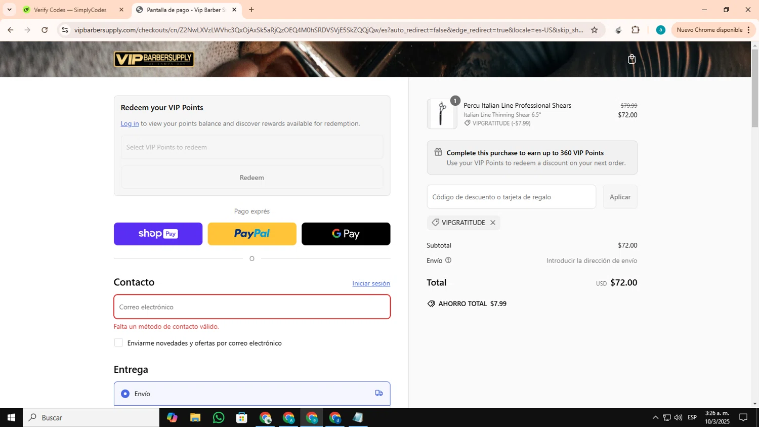 VIP Barber Supply discount code screenshot showing code VIPGRATITUDE applied at VIP Barber Supply checkout page. Uploaded by SimplyCodes community member CouponSage4959 on Mar 10, 2025