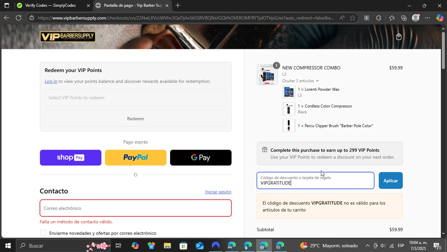 VIP Barber Supply discount code screenshot showing code VIPGRATITUDE applied at VIP Barber Supply checkout page. Uploaded by SimplyCodes community member vasijadeaceite on Mar 7, 2025