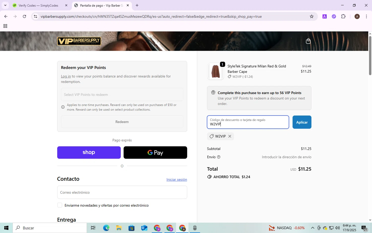 VIP Barber Supply discount code screenshot showing code W2VIP applied at VIP Barber Supply checkout page. Uploaded by SimplyCodes community member SmartShopper4328 on Sep 17, 2025