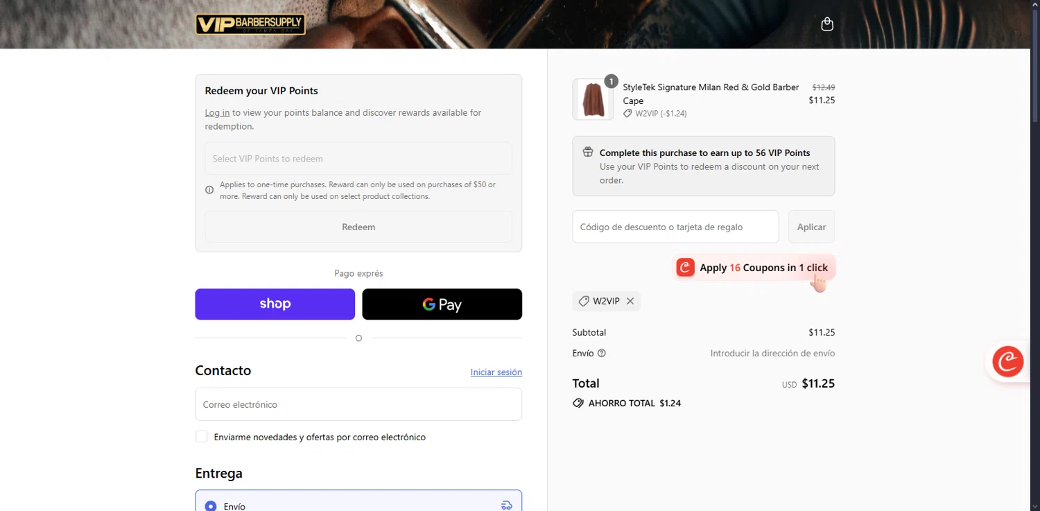 VIP Barber Supply discount code screenshot showing code W2VIP applied at VIP Barber Supply checkout page. Uploaded by SimplyCodes community member Serdanvz on Sep 17, 2025
