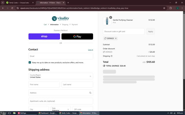 Vi Peel checkout page showing Vi Peel discount code box | Screenshot taken by SimplyCodes community member on Sep 8, 2025