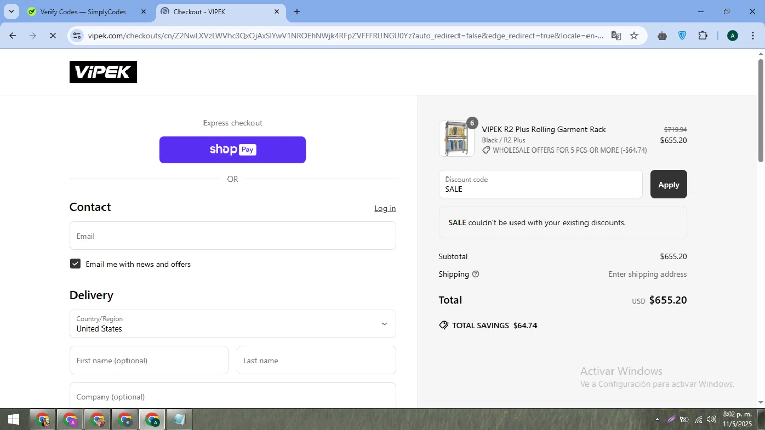 VIPEK coupon code screenshot showing code SALE applied at VIPEK checkout page. Uploaded by SimplyCodes community member FrugalMaverick6013 on May 12, 2025