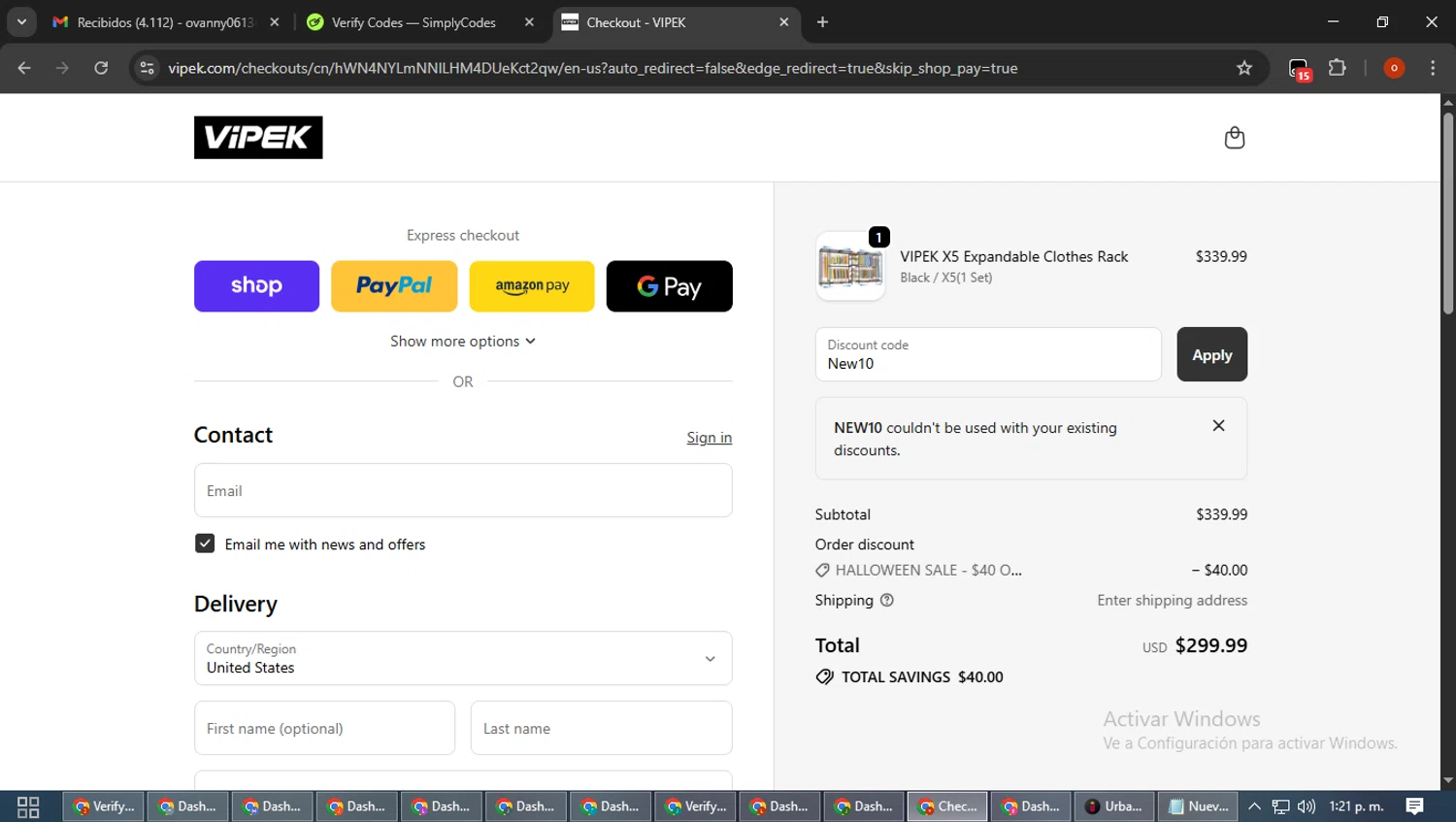 VIPEK coupon code screenshot showing code New10 applied at VIPEK checkout page. Uploaded by SimplyCodes community member WiseTracker2171 on Oct 21, 2025