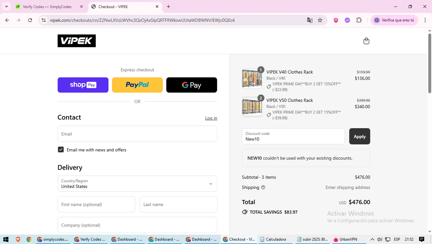 VIPEK coupon code screenshot showing code New10 applied at VIPEK checkout page. Uploaded by SimplyCodes community member loversuper on Jul 9, 2025