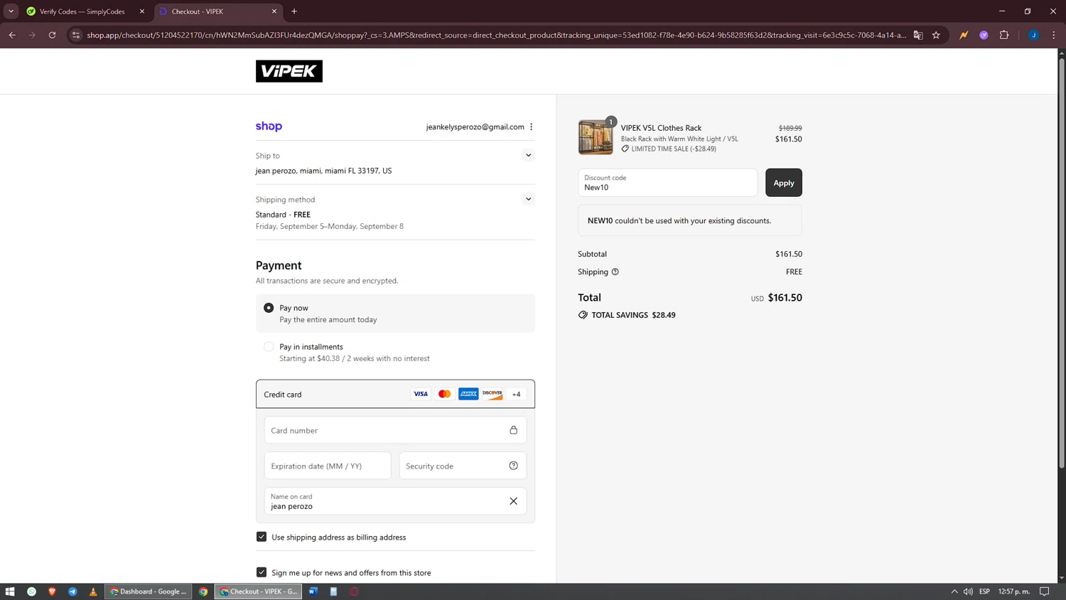VIPEK coupon code screenshot showing code New10 applied at VIPEK checkout page. Uploaded by SimplyCodes community member oscarbeaujon on Aug 29, 2025