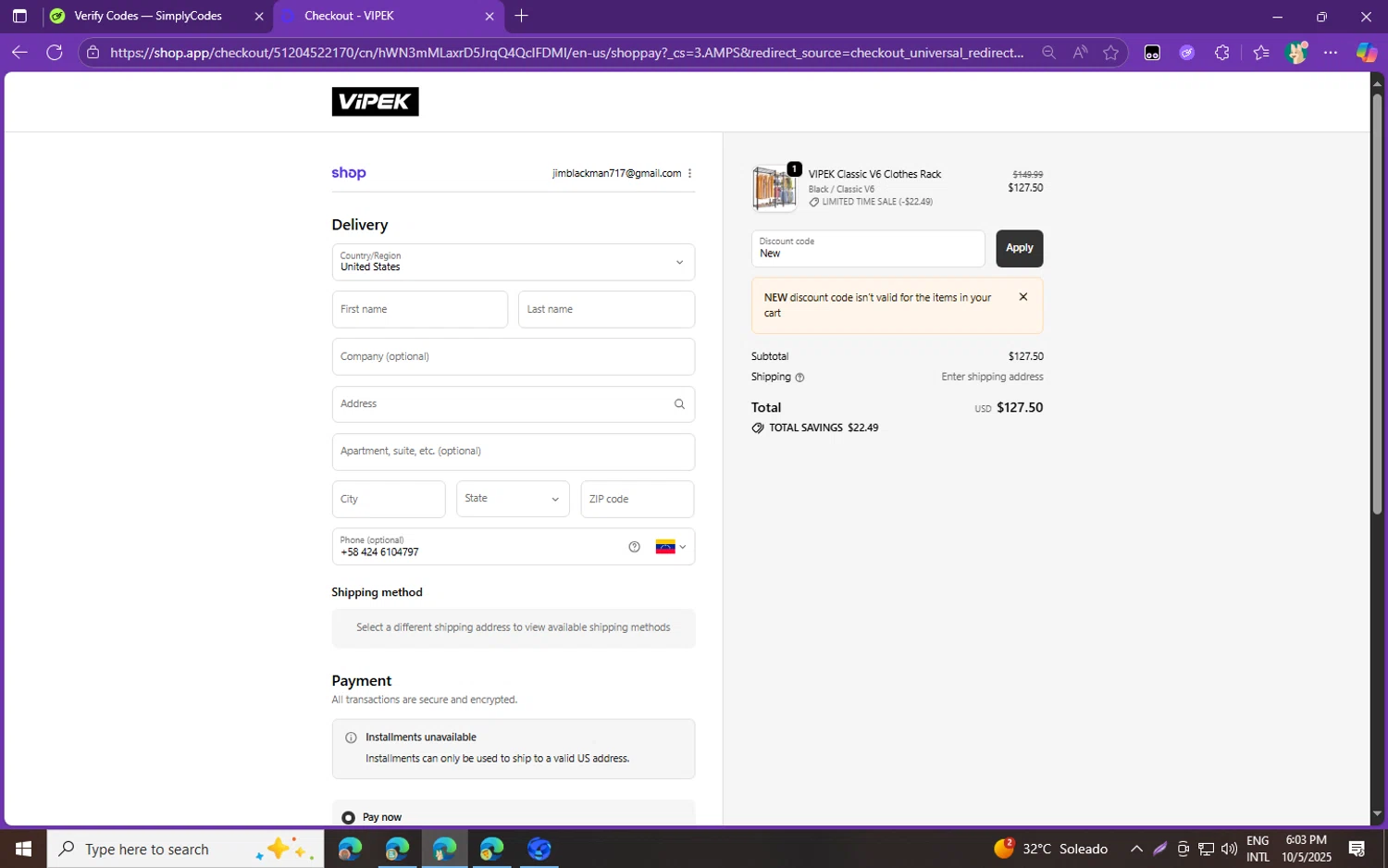 VIPEK coupon code screenshot showing code New applied at VIPEK checkout page. Uploaded by SimplyCodes community member fghfgefds2 on Oct 5, 2025